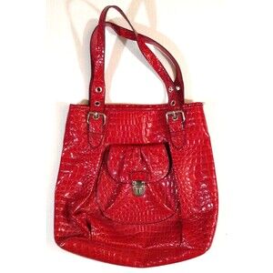 Bueno Tote Bucket Purse Large Red Glazed Bag Faux Croc Leather Travel Dbl Handle